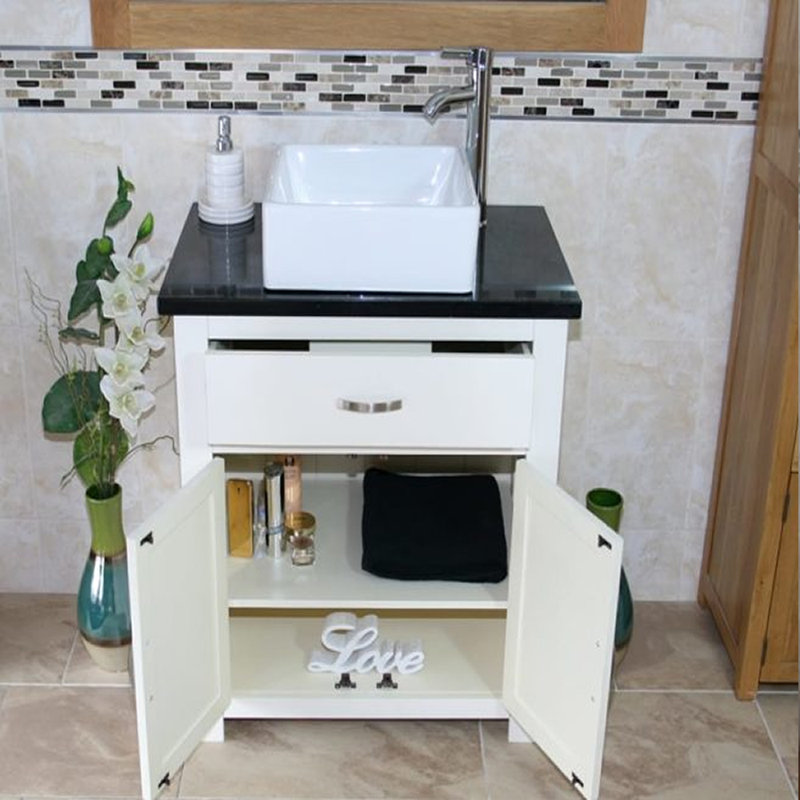 Robeson 750mm Single Bathroom Vanity with Vessel Ceramic Basin, Black Quartz, White