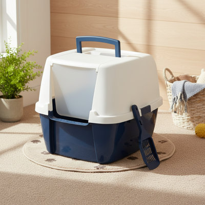 Navy Blue/White Large Closed Litter Box, Front Flap Door, Scoop Included, Handle & Buckle For Easy Carrying & Privacy