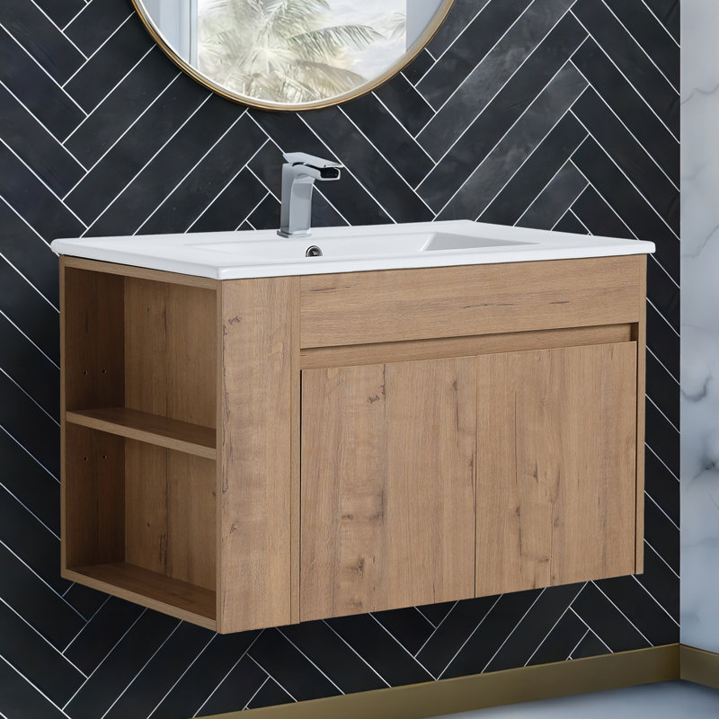 Ensemble de meuble-lavabo mural simple 30 po avec plateau en céramique Ayra, Blanc