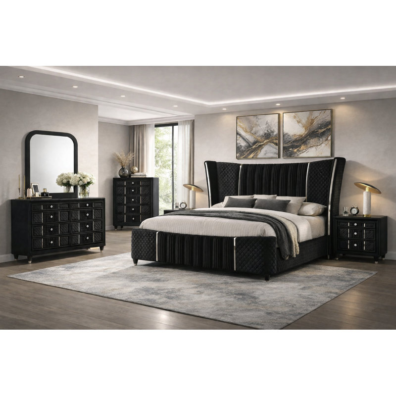 Ensemble de chambre à coucher de luxe à panneau tapissier avec tête de lit à oreilles noire, 6 pièces, Très grand lit