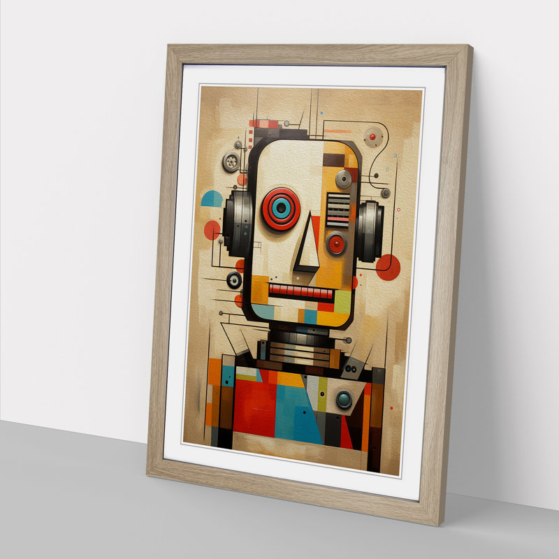 Robot Geometric - Single Picture Frame Print on Wood, 46cm H x 34cm W x 2cm D, Oak Framed