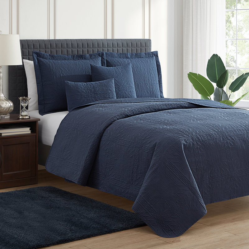 Grid Weave Premium Microfiber Reversible Quilt Set, Navy, King Quilt + 4 Shams