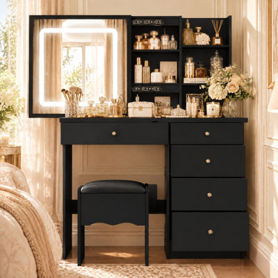  Makeup Vanity Set with Sliding LED Mirror, 5 Drawers, Hidden Storage & Cushioned Stool