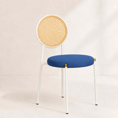Charlotta Modern Cane Rattan Dining Chair, Boho Wicker Side Chair with Velvet Round Cushion Seat, Mid-Century Accent Seating with White Metal Legs