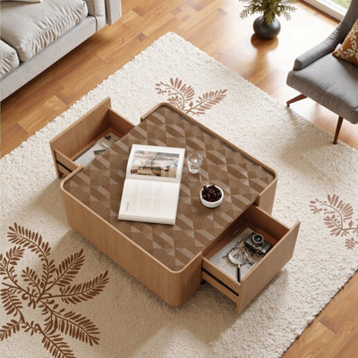 Table basse moderne carrée 31,5 pouces avec tiroirs de rangement et plateau en verre