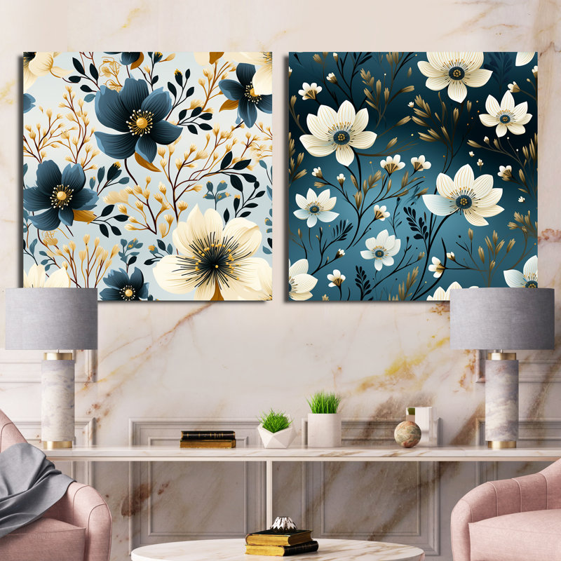 Flavie - Ensemble de 2 collages carrés floraux, Toile tendue, H 30 po x l 61 po