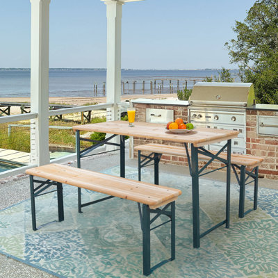 Picnic Table Bench Set of 3, Foldable Wooden Picnic Table with Benches, Outdoor Dining Table with Metal Frame, Picnic Folding Table for Patio, Lawn, G by Latitude Run