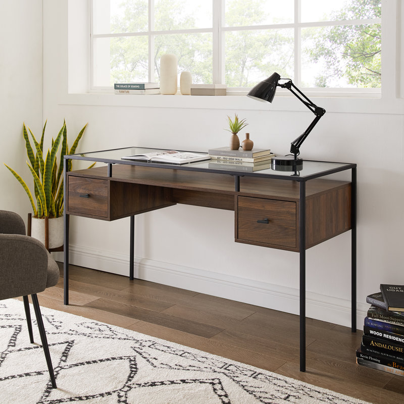 Glass Top Writing Desk, Dark Walnut