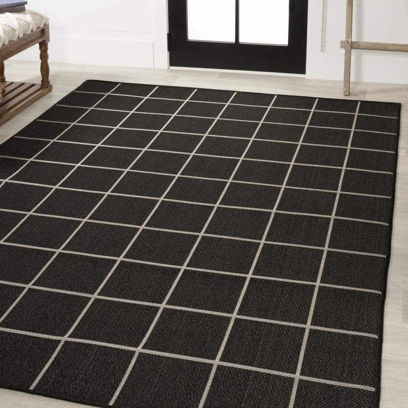 Garnavillo Grid Modern Squares Black/Cream Indoor/Outdoor Rug, Rectangle 3' x 5'