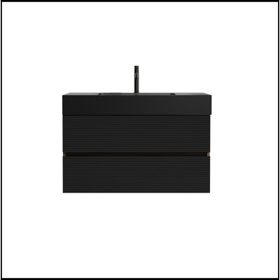 Meuble-lavabo 36 po en noyer avec lavabo en quartz noir mat et tiroirs noirs doux, meuble-lavabo mural flottant pour salle de bain moderne, lavabo une pièce noir mat, KD