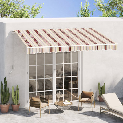 Patio Sunshade - 13' X 8' Retractable Awning, & Water-, Manual Crank, Aluminum Frame, Red Stripes For Yard Balcony Awning Deck