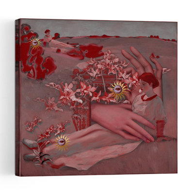 Affiche murale abstraite rétro vintage représentant des femmes et des mains dans un paysage floral, avec des fleurs.