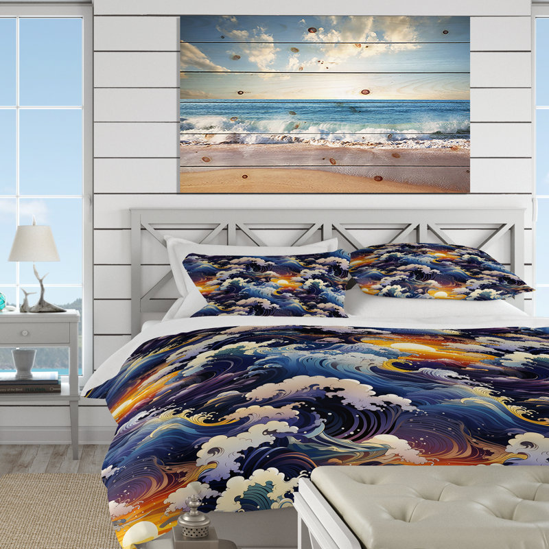 Ensemble de housse de couette mauve Hokusai Waves, Housse de couette pour très grand lit et 2 très