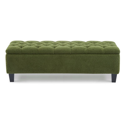Ottoman Bench With Storage, Green Boucle Surface, Rubber Wood Legs, 300 Lbs Capacity
