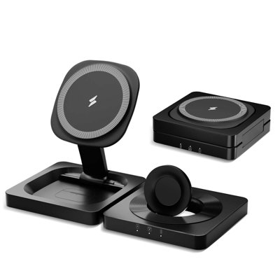 Inbox Zero Foldable Magnetic Wireless Charger for iPhone Airpods iWatch, Portable 3 in 1 Charging Station Cube For Apple Multiple Devices - Travel Charging Pad