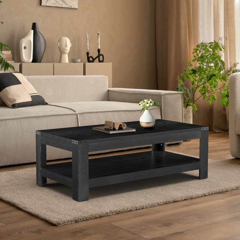 Table basse Damika avec rangement à 2 niveaux et chêne rustique, Noir, noir, noir, noir