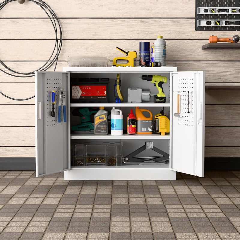 Metal Storage Cabinet, Garage Storage Cabinet With 2 Lockable Doors And 2 Adjustable Shelves, Steel File Cabinets With Lock And Pegboard For Home, School, Office, Garage, White