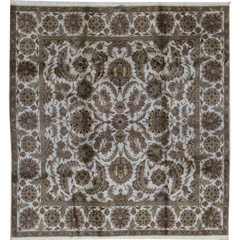 Tapis carré ivoire, vert et noir noué à la main de haute qualité