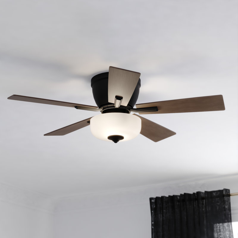 42 in. Black Indoor Low Profile Flush Mount Transitional Ceiling Fan with Reversible Brown Hickory-Black Hickory Blades, LED Light Kit and Pull Chain, 3 Speeds, Frosted White Glass Shade