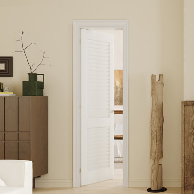Dalle de porte intérieure avec cadre - porte en panneau de fibres à densité moyenne blanc à persiennes, ensemble de porte de style pré-suspendu avec charnières préinstallées, poignée argentée verrouillable incluse, pas de trous pré-percés