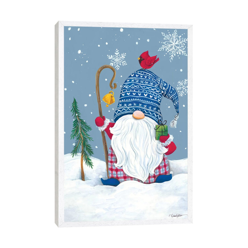 Snowy Gnome With Present by Diane Kater - Print on Canvas, White Framed, 66.04 cm H x 45.72 cm W