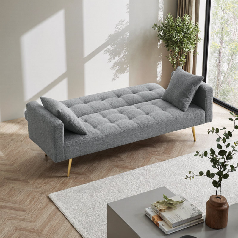 Canapé-lit en peluche 72 po avec 2 coussins et accoudoirs détachables - lit convertible pour espaces confortables, Gris