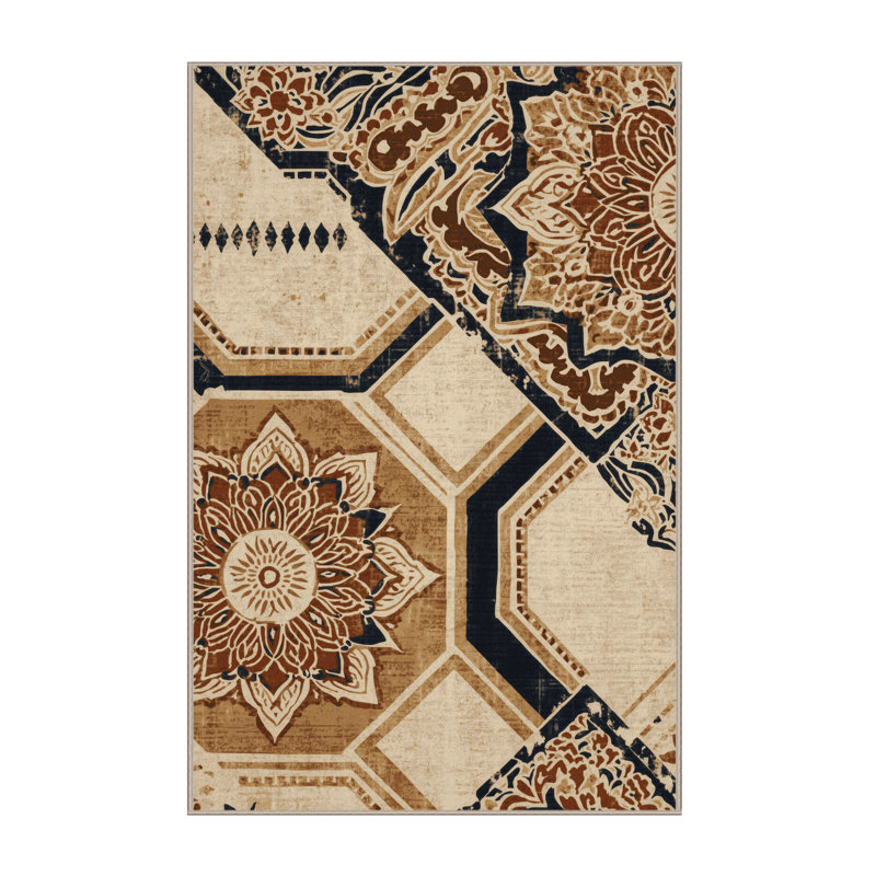Tapis beige lavable à la machine à motif de blocs d'inspiration mondiale Roslindale, 7 x 10