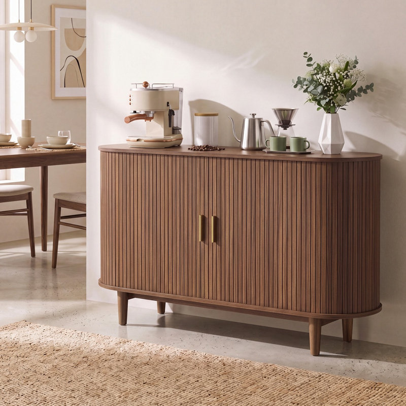 Buffet Mid-Century moderne avec portes coulissantes et tablettes réglables, H 29,5 po x l 55,1 po x P 15,7 po, Walnut
