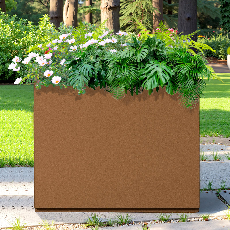 Rectangular Planter-Metal Planter Box With Drainage Holes for Indoor and Outdoor Use, 24" H x 29.9" W x 12" D, Brown
