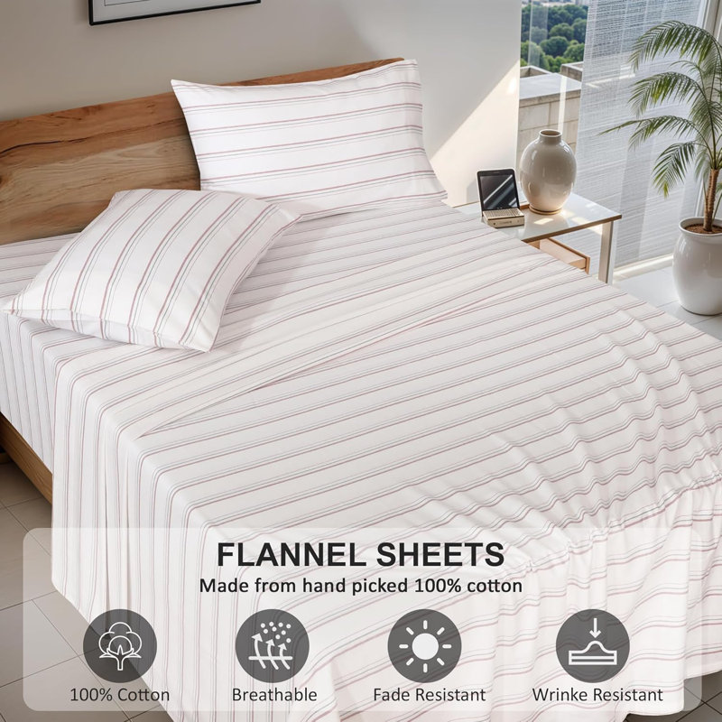 100% Cotton Flannel Sheet Set 4 Piece Warm Cozy Fall Sheets 16 inch Deep Pocket Bed Sheets, Twill Striped
