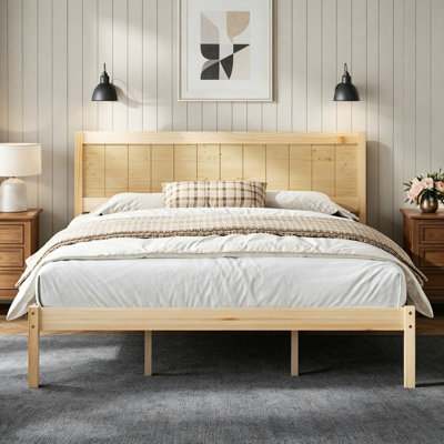 Base de lit plateforme avec tête de lit, support à lattes de bois, aucun sommier nécessaire