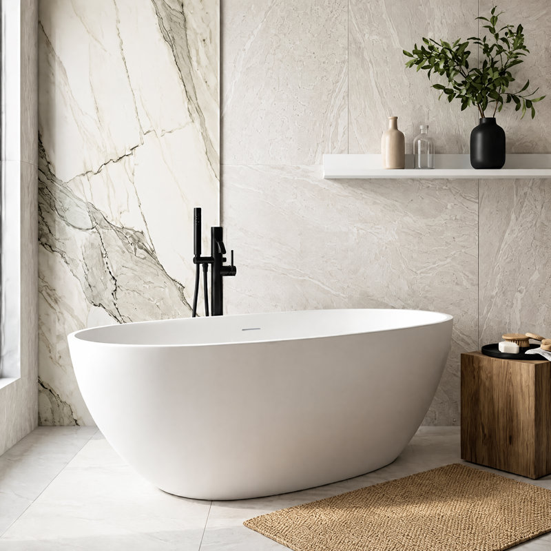67'' Freestanding Tub Solid Surface Stone Resin Free Standing Soaking Bathtub with Overflow, Pop-up Drain, White