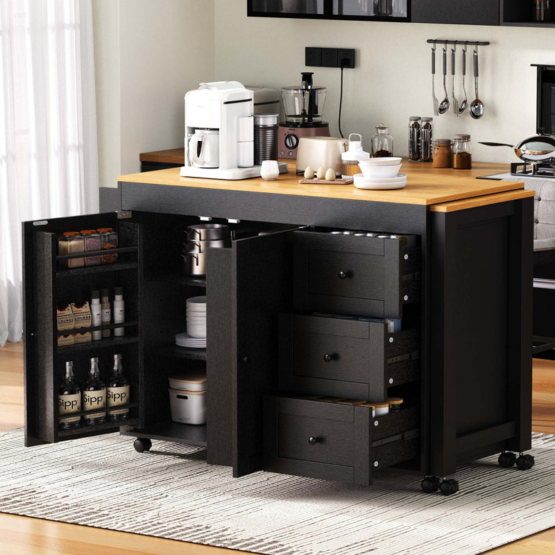 Kitchen Island With Extendable Dining Table, 3 Drawers, Power Outlet, Spice Rack And 2 Door Cabinet, Black