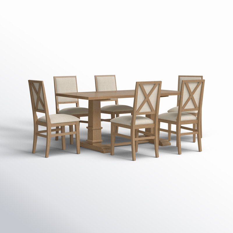Heymann Trestle Dining Table with Upholstered and Wood Chairs, 7 Pieces: Table, 6 Chairs, Rustic Brown