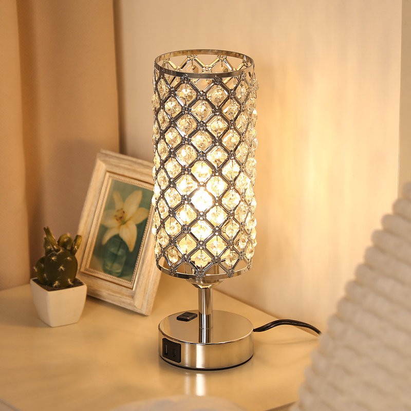 14.3'' Silver Crtstal Bedside Lamp with Touch Control and USB Ports