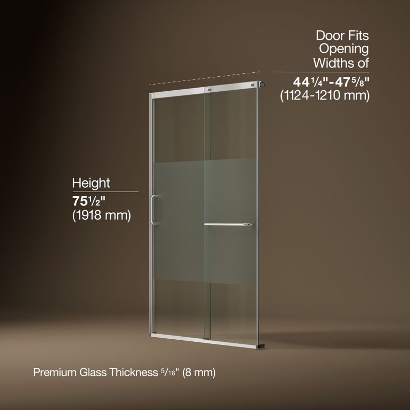 Elate Tall Sliding Shower Door, 75-1/2-In H X 44-1/4 - 47-5/8-In W, With Heavy 5/16-In Thick Crystal Clear Glass With Privacy Band