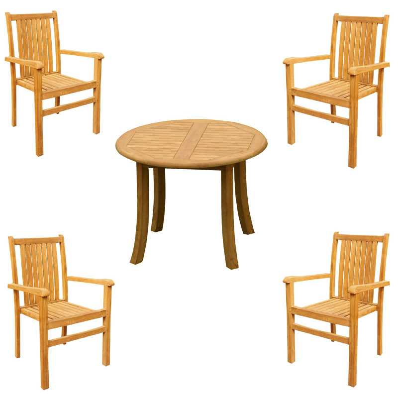 Ensemble de salle à manger 3 pièces en bois de teck de qualité A: table ronde de 36 po et 2 chaises empilables Angarano # 11CH0702