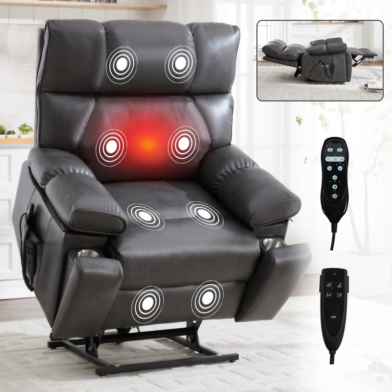 Leatheraire Heat Massage Dual Motor Infinite Position Up To 350 LBS Large Electric Power Lift Recliners, Gray