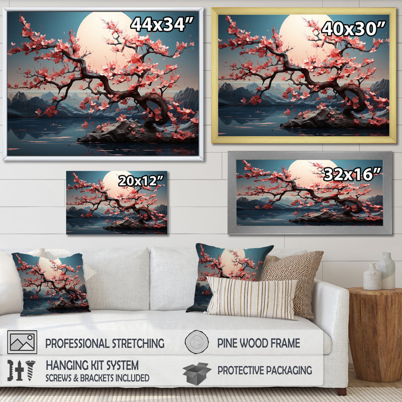 «Pink cherry blossom Twilight», paysage romantique sur toile, Cadre flottant doré, H 16 po x l 32 po x P 1 po