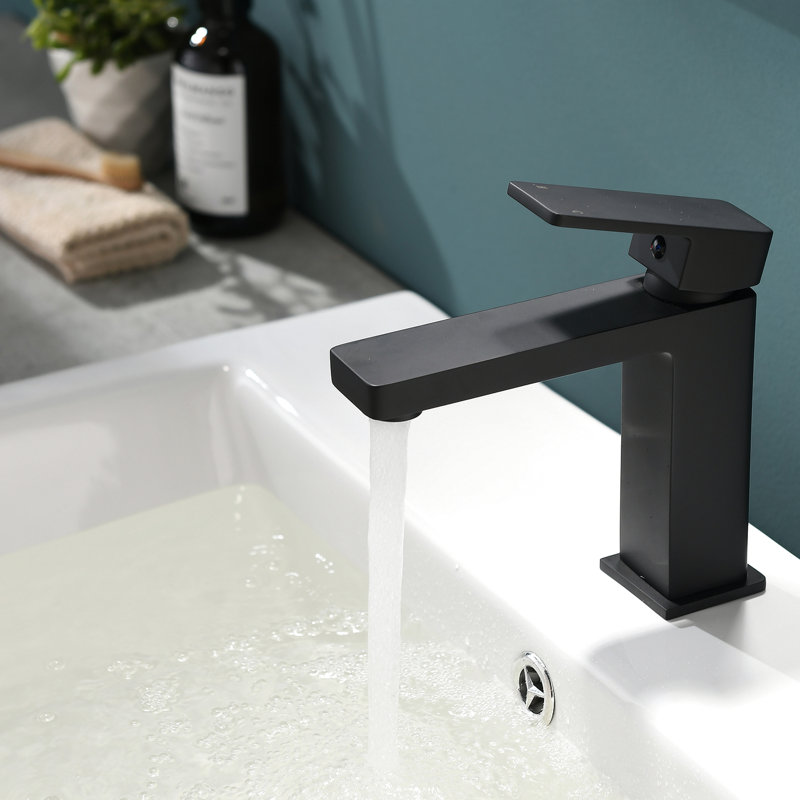 Robinet de salle de bain noir - Design géométrique, poignée, noir mat, monté sur le comptoir, évier moderne à cartouche simple, remplissage en céramique