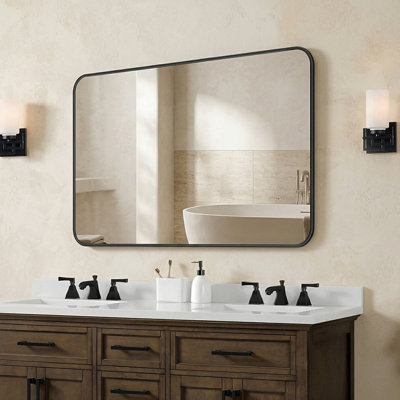 36" H x 30" W Black Framed Rounded Rectangular Bathroom Vanity Mirror, Explosion-Proof HD Clear Glass, Wall Mounted Modern Decorative Makeup Mirror