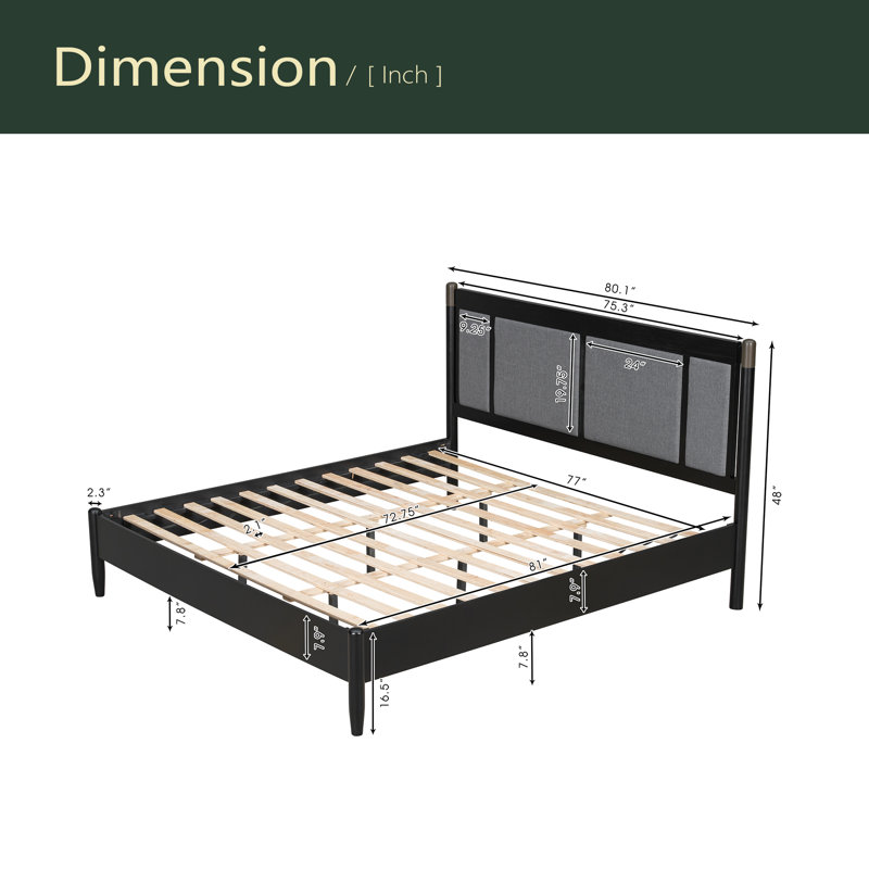 Lit en bois massif, aucun sommier tapissier requis, tête de lit tapissier avec poignées en métal, Gris foncé, Très grand lit