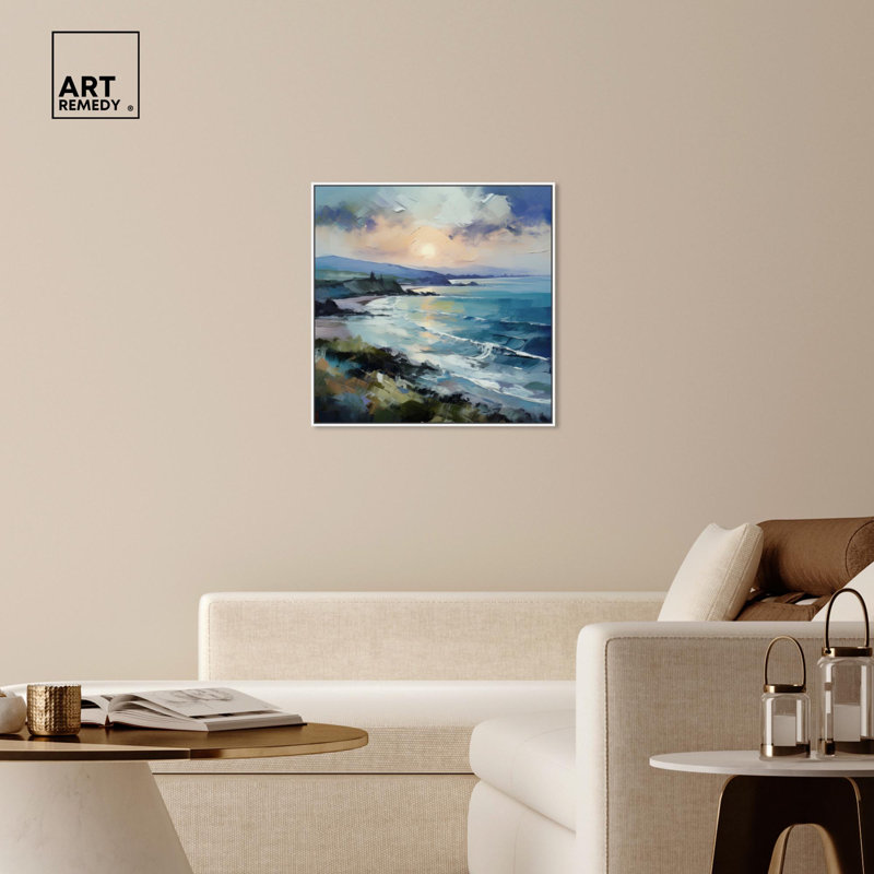 Blue and White Coastal Abstract Canvas Print with White Frame