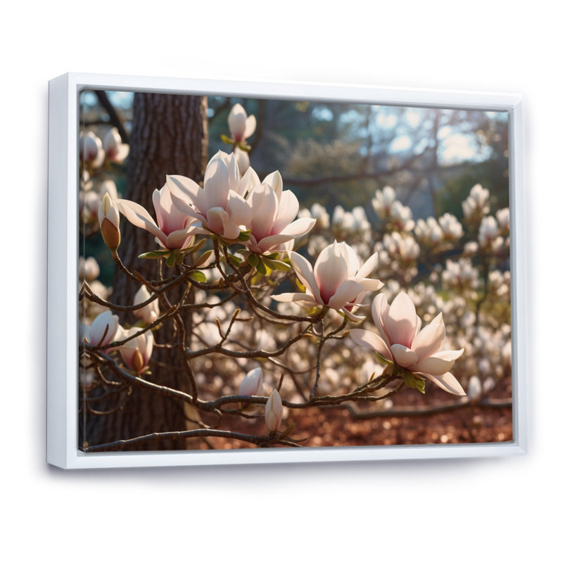 "White Pink Magnolias Landscape III", reproduction d'art sur toile, H 30 po x l 40 po x P 1,5 po, Cadre flottant blanc