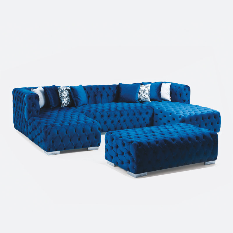 Canapé et méridienne Verble, Velours bleu marine, Gris