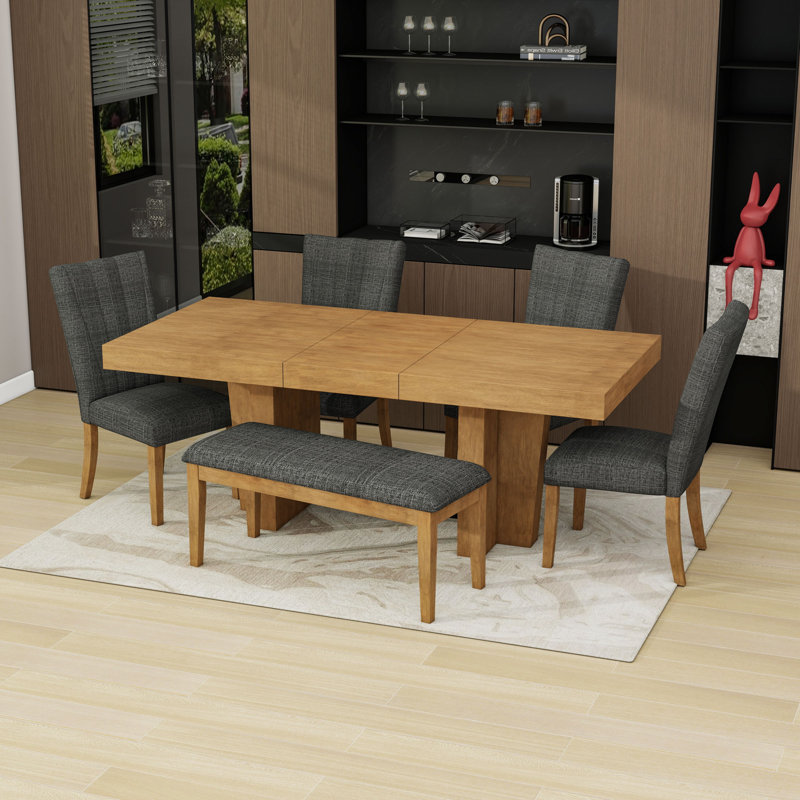 Ensemble de table de salle à manger 6 pièces avec table à tréteaux extensible, chaises rembourrées, banc et rallonge amovible
