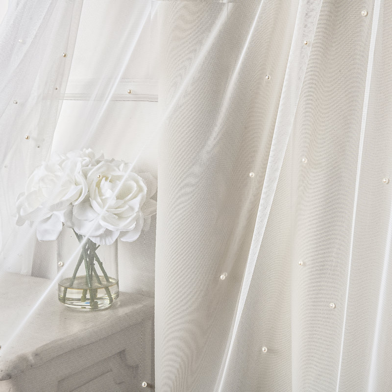 Pearl Beaded Tulle Overlay Room Darkening Grommet Curtains (Set Of 2), 52" W x 96" L , Biscuit