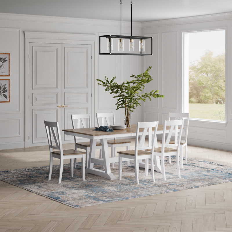 Ensemble de table de salle à manger à tréteaux 6 personnes avec rallonge papillon Keswick, 7 pièces : table, 6 chaises