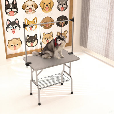 46" Folding Dog Pet Grooming Table Stainless Steel Frame Rubber Mat On Board With Adjustable Arm And Clamps Pet Dog Cat Grooming Table (SILVER-GRAY COLOR)