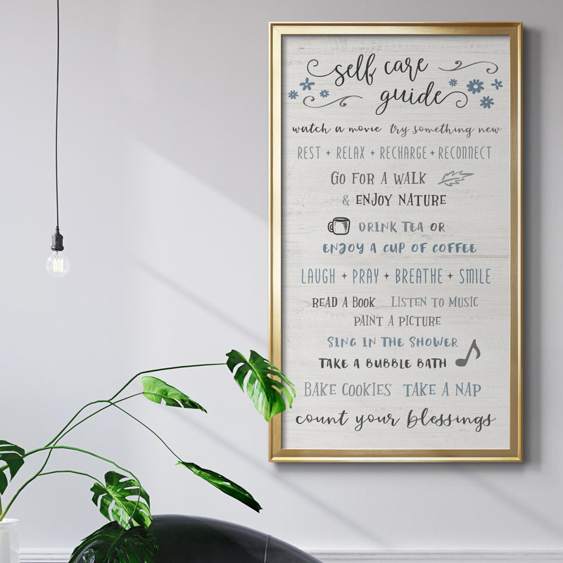 «Self Care Guide», art textuel sur toile, H 14,5 po x l 26,5 po x P 1,5 po, Cadre doré